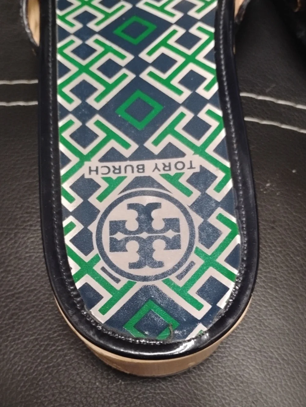 TORY BURCH DIXON NAVY & GREEN PATENT LOGO SLIDE SANDALS EXCELLENT CONDITION
